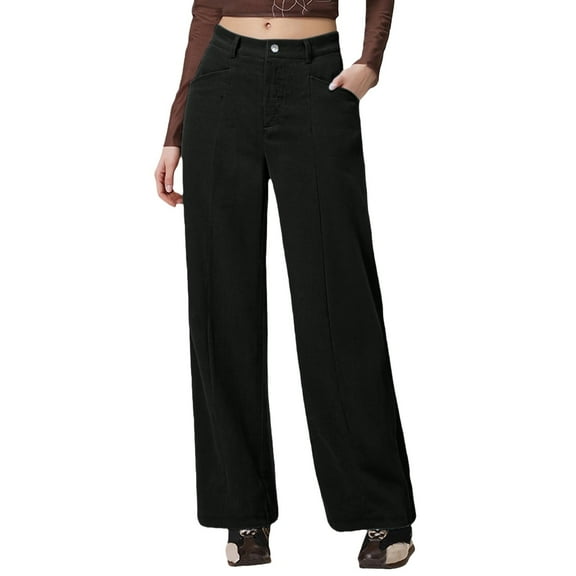 ManxiVoo Womens Straight Leg Corduroy Pants In A Wide Relaxed Fit For Autumn And Winter Casual Style Featuring Practical Pockets And A Long Silhouette M Size Black
