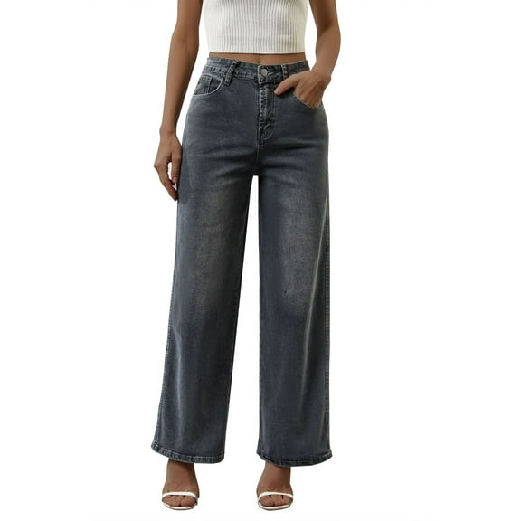 ManxiVoo Womens Stretchy Straight Leg Jeans High Waisted Wide Bottom Loose Fit Denim Trousers S Size Dark Gray