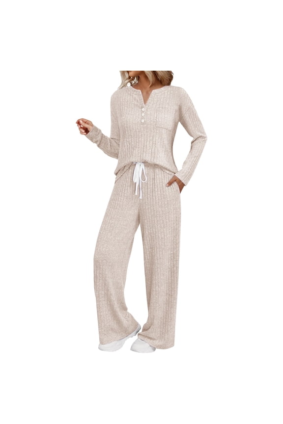 Womens Two Piece Lounge Set Soft Knit Turtleneck Sweater with Pockets Comfortable Matching Outfits for Fall Season L Size Beige