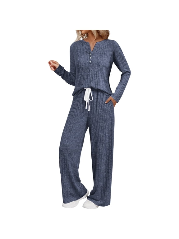 Womens Two Piece Lounge Set Soft Knit Turtleneck Sweater with Pockets Comfortable Matching Outfits for Fall Season M Size Blue