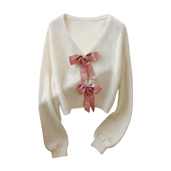 ManxiVoo Womens V Neck Loose Fit Pullover Sweater with Bow Accent and Long Sleeve for Cute and Comfortable Fall Fashion Tops M Size Beige