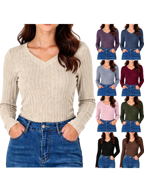 Womens V Neck Slim Fit Lightweight Fall Layer Knit Sweater Tops Comfortable Soft Essential