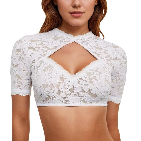 ManxiVoo Womens Vintage Style Blouse V Neck Short Sleeve Top Elegant Lace Trim Shirt for Special Occasions S Size White