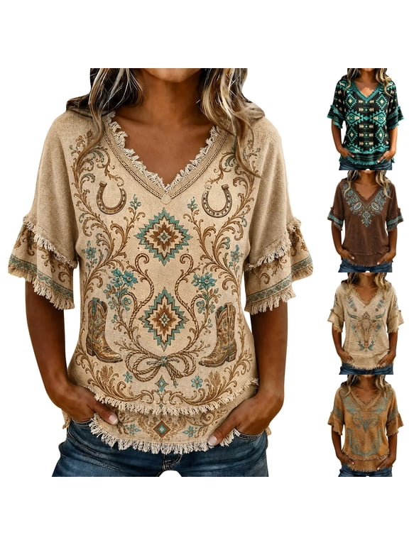 Womens Western Cowboy Print V Neck T Shirt Flared Short Sleeve Fringe Trim Loose Casual Blouse Tops Comfortable Everyday