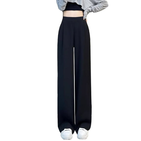 ManxiVoo Womens Wide Leg Dress Pants Flowy Trousers High Waist Casual Comfort Fit Loose Straight Leg Pant L Size Black