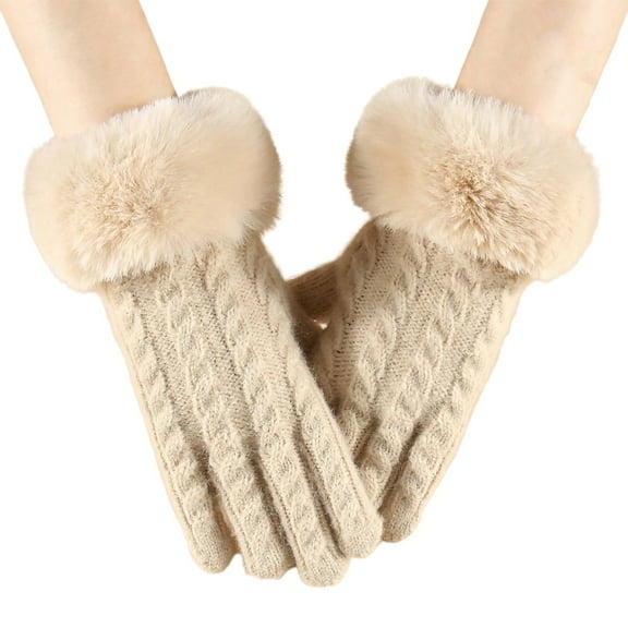 ManxiVoo Womens Winter Knitted Gloves with Small Chic Style and Large Furry Cuffs Cold Proof for Outdoor Cycling Touchscreen Function and Warmth Beige