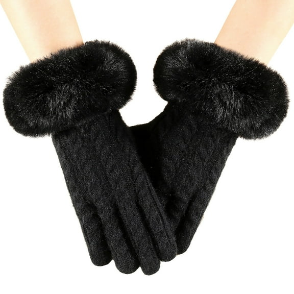 ManxiVoo Womens Winter Knitted Gloves with Small Chic Style and Large Furry Cuffs Cold Proof for Outdoor Cycling Touchscreen Function and Warmth Black
