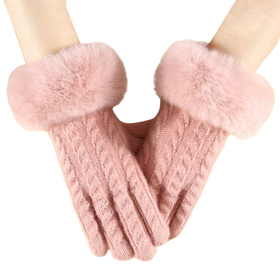 ManxiVoo Womens Winter Knitted Gloves with Small Chic Style and Large Furry Cuffs Cold Proof for Outdoor Cycling Touchscreen Function and Warmth Pink