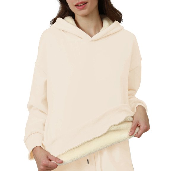 ManxiVoo Womens Winter Sweatshirt with Pocket Thickened Fleece Lined Pullover Hoodie Cozy Warm Loose Fit Top for Cold Weather L Size Beige