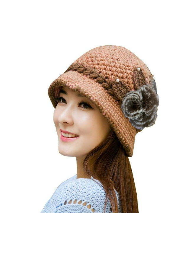 Womens Winter Warm Crochet Knitted Hat with Flowers Decoration for Ear Protection and Style One Size Size Pink