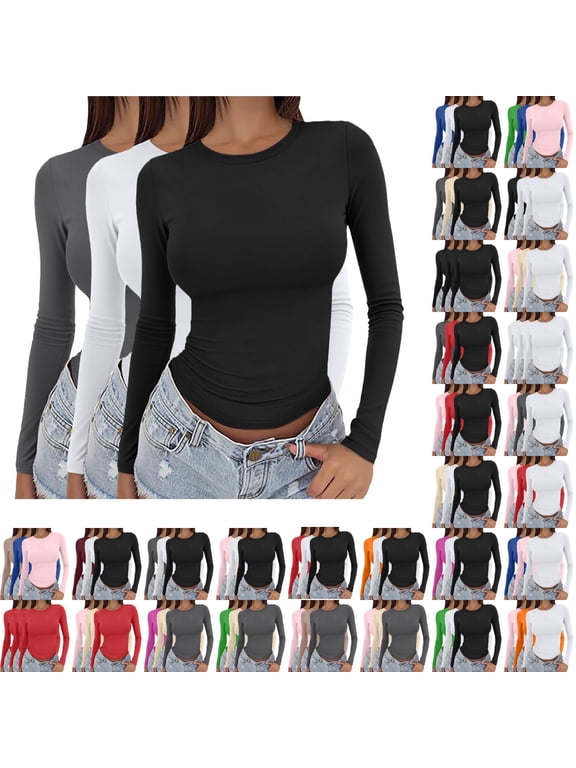 Womens Y2k 3 Pieces Basic Long Sleeve Slim Tee Round Neck Dupe Crop Layering Blouse Top Aesthetic Streetwear Casual Everyday