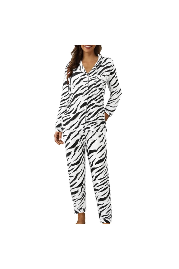 Womens Zebra Print Pajama Set Notch Lapel Button Down Long Sleeve Two Piece Comfortable Sleepwear XXL Size