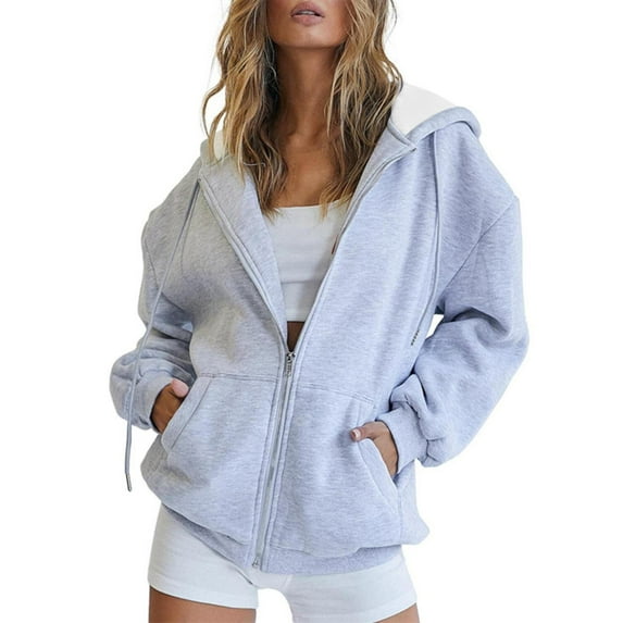 ManxiVoo Zip Up Hoodie Women, Women's Fall Jacket Oversized Pocket Sweatshirt Casual Drawstring Clothing Zipper Track Jacket Solid Color Long Sleeve Hooded Top Oversized Hoodie Gray XXL