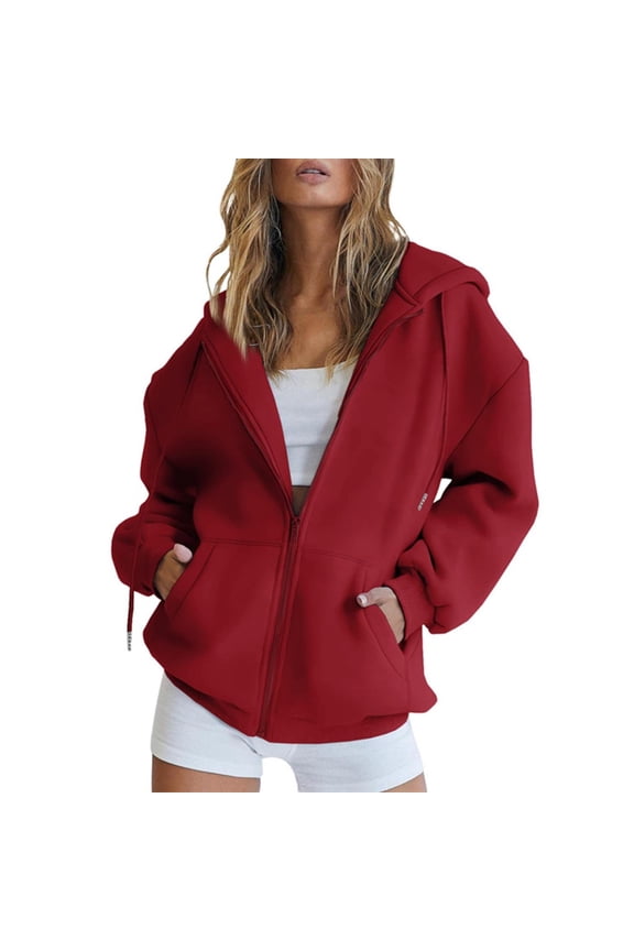Zip Up Hoodie Women, Women's Fall Jacket Oversized Pocket Sweatshirt Casual Drawstring Clothing Zipper Track Jacket Solid Color Long Sleeve Hooded Top Oversized Hoodie Red L