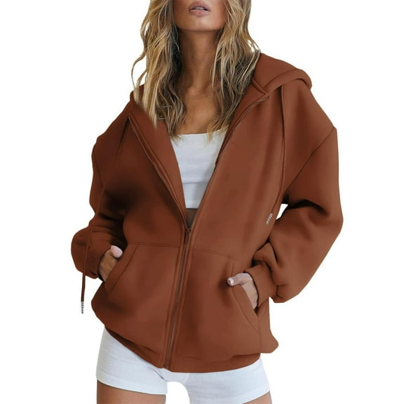 ManxiVoo Zip Up Hoodie Women, Women's Fall Jacket Oversized Pocket Sweatshirt Casual Drawstring Clothing Zipper Track Jacket Solid Color Long Sleeve Hooded Top Oversized Hoodie Coffee L