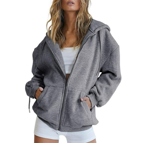ManxiVoo Zip Up Hoodie Women, Women's Fall Jacket Oversized Pocket Sweatshirt Casual Drawstring Clothing Zipper Track Jacket Solid Color Long Sleeve Hooded Top Oversized Hoodie Dark Gray L
