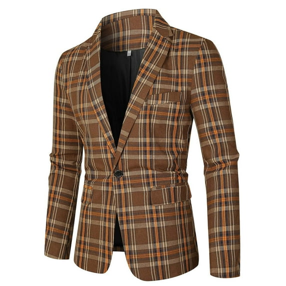 ManxiVoo jackets for men Mens Casual Sport Slim Fit One Button Check Print Blazer Lightweight Jacket sport coats for men Coffee