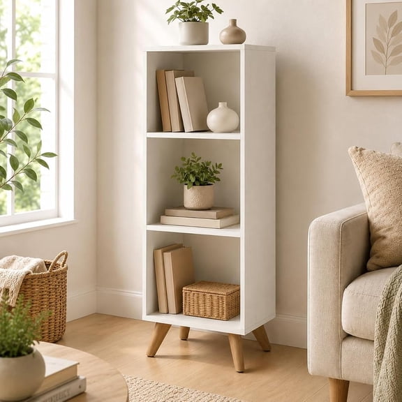 Manxile Cube Bookshelf Organizer, 3 Cube Vertical Storage Organizer Skinny Bookcases, White Narrow Bookshelf