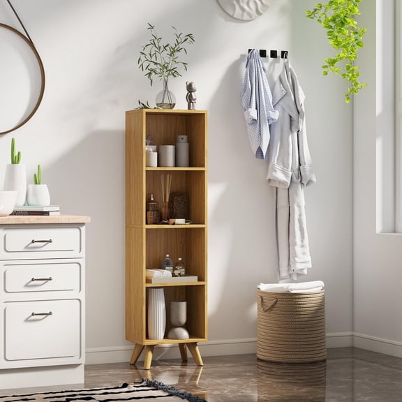 Manxile 4 Cube Vertical Storage Organizer, Natural Wood Bookshelf for Living Room, Bedroom, Study Room