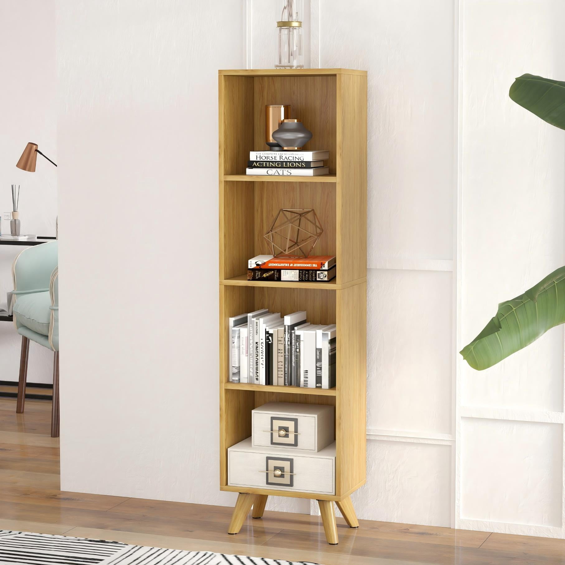 Manxile 4 Cube Vertical Storage Organizer, Natural Wood Bookshelf for Living Room, Bedroom, Study Room