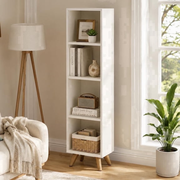 Manxile 4 Cube Vertical Storage Organizer, Modern White Wood Bookshelf for Living Room, Bedroom, Study Room