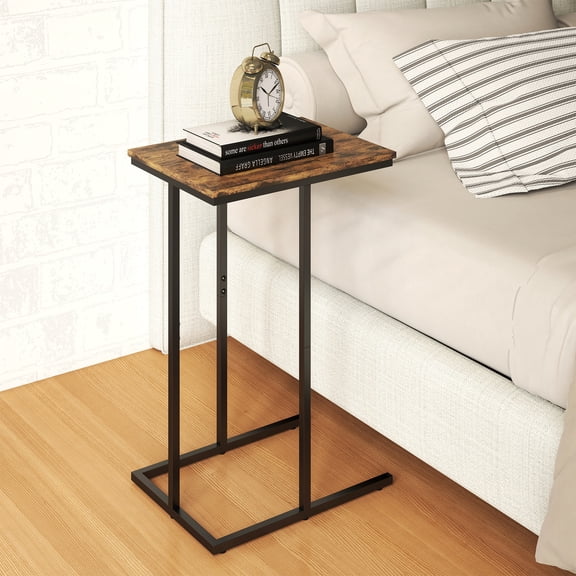 Manxile C-Shape Metal End Table, Rustic Brown Finish