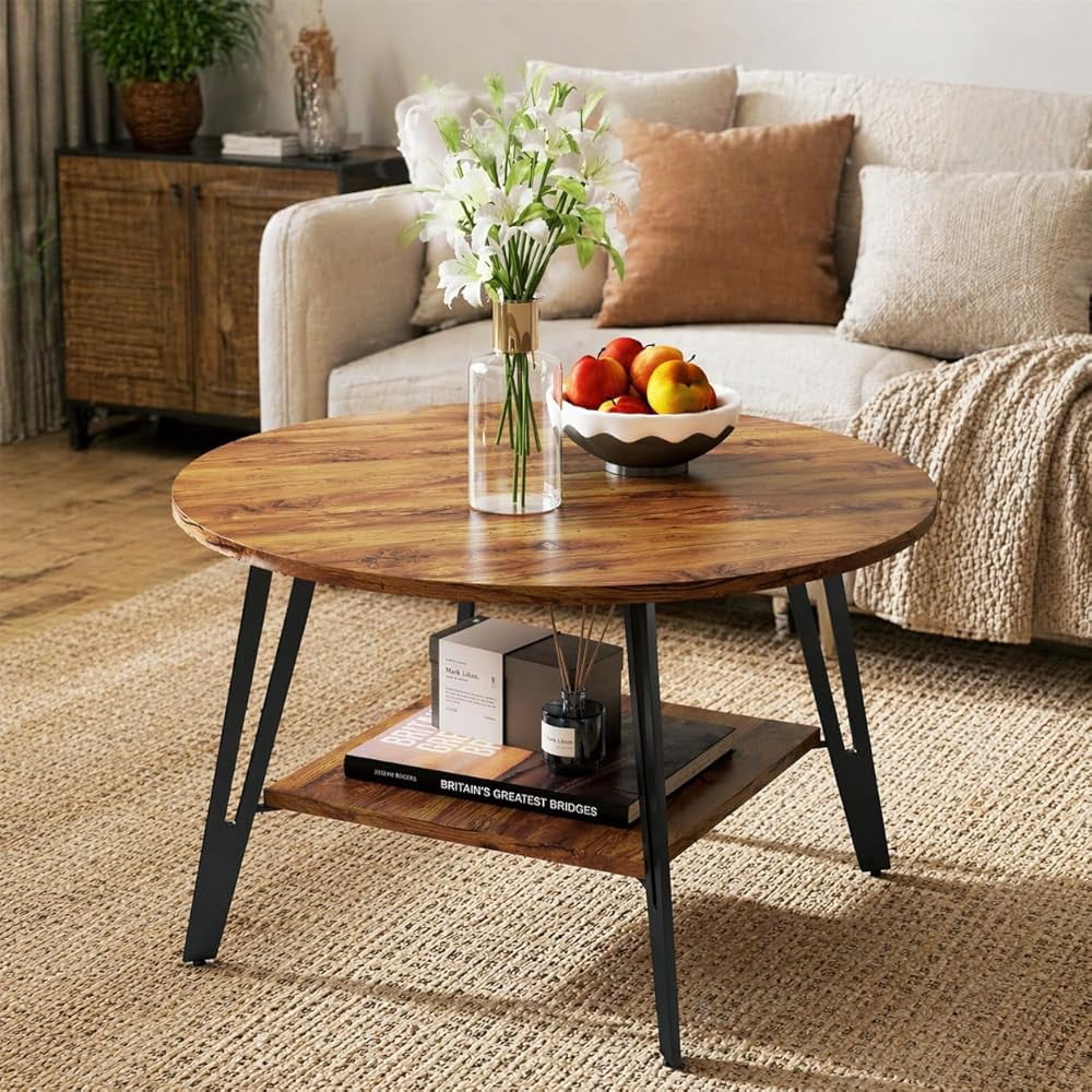Manxile Round Coffee Table with 2 - Tier Storage, Wood Coffee Table with Metal Legs, Modern Rustic  Center Table for Living Room, Red Brown