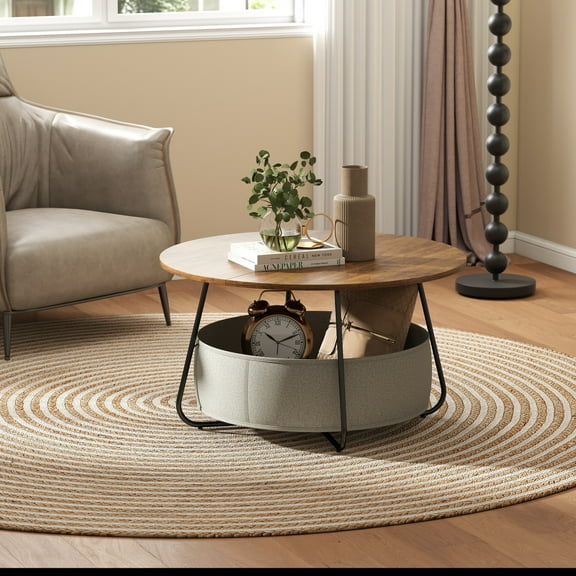 Manxile Round Coffee Table with Storage Basket, Center Table for Living Room with Fabric Basket, Brown