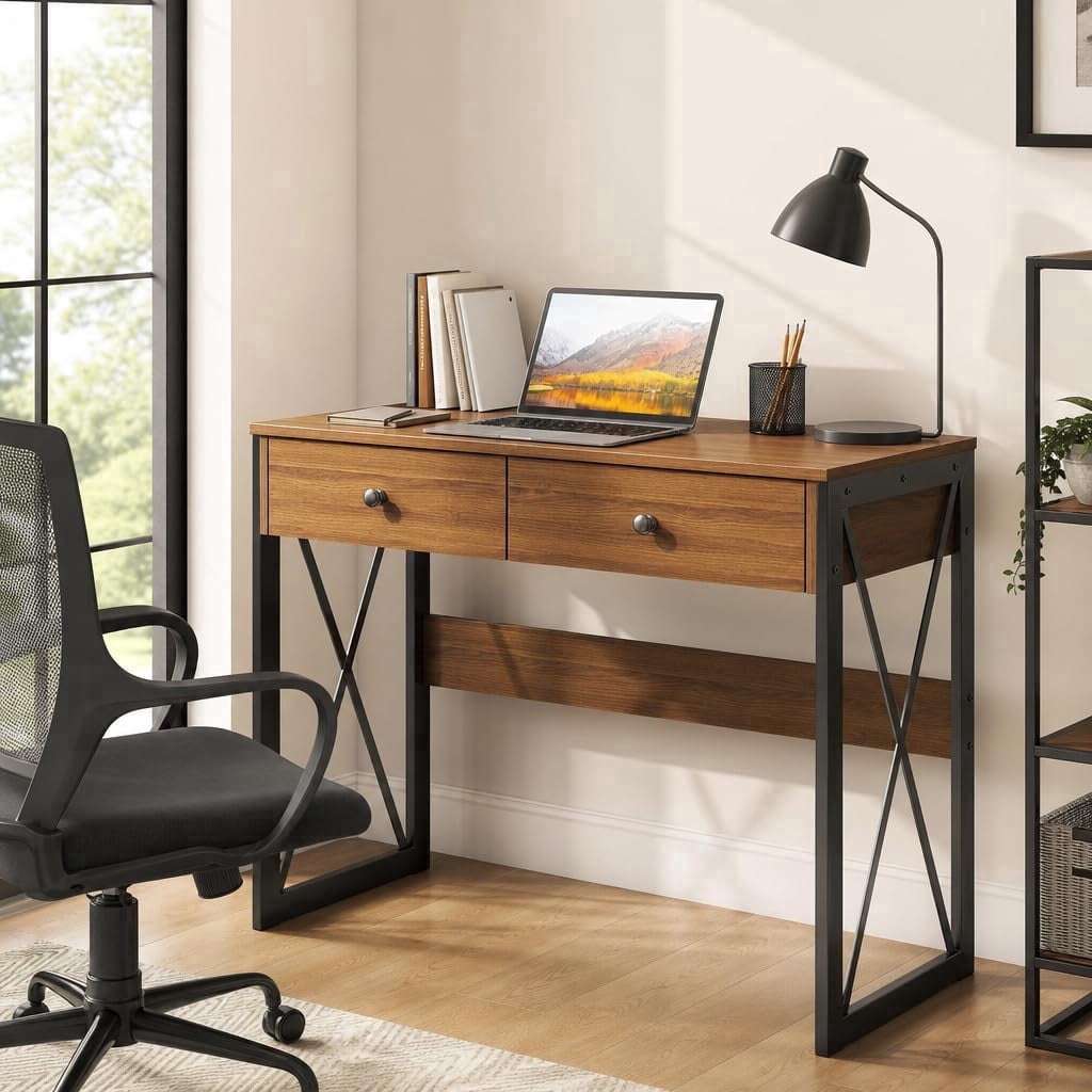 Manxile Computer Desk with Drawers,Study Table with USB Ports & Power Outlet for Home Office Bedroom