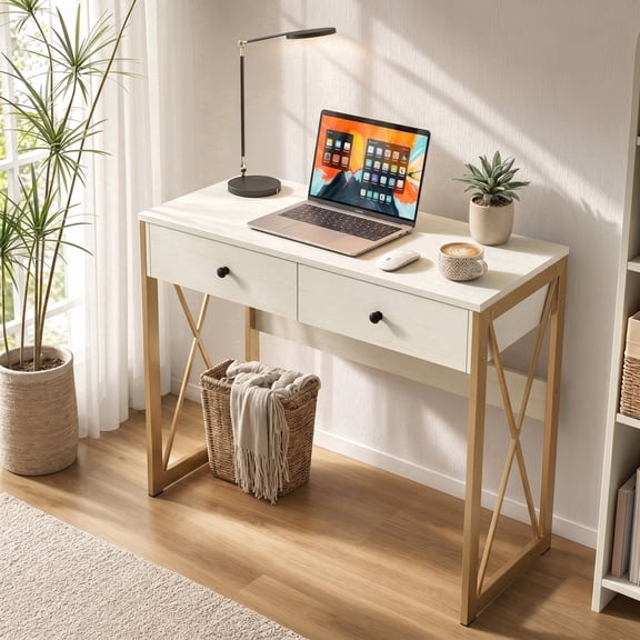 Manxile Computer Desk with 2 Storage Drawers, Home Office Writing Study Desk PC Table for Small Space/Bedroom, White+Gold