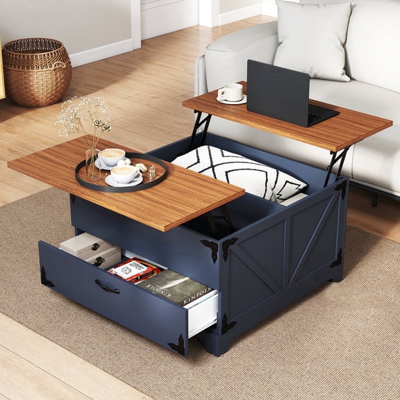 Manxile Farmhouse Coffee Table Square Lift Top Coffee Table with Large Hidden Storage for Living Room Rustic Wood Center Table for Home Office, Navy blue