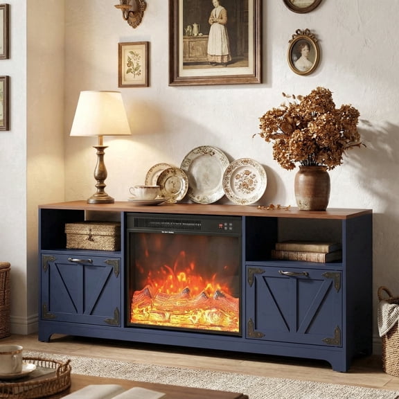 Manxile Farmhouse Fireplace TV Stand Up for 75" with LED Lights, Media Console with Barn Door for Living Room,Navy Blue