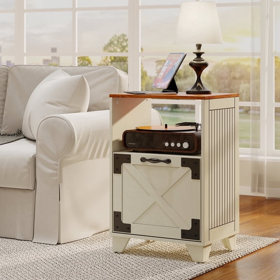 Manxile Fluted 2-Drawer Nightstand with Charger Station, Farmhouse Nightstand Storage Shelf, Bedside Table for Bedroom Living Room