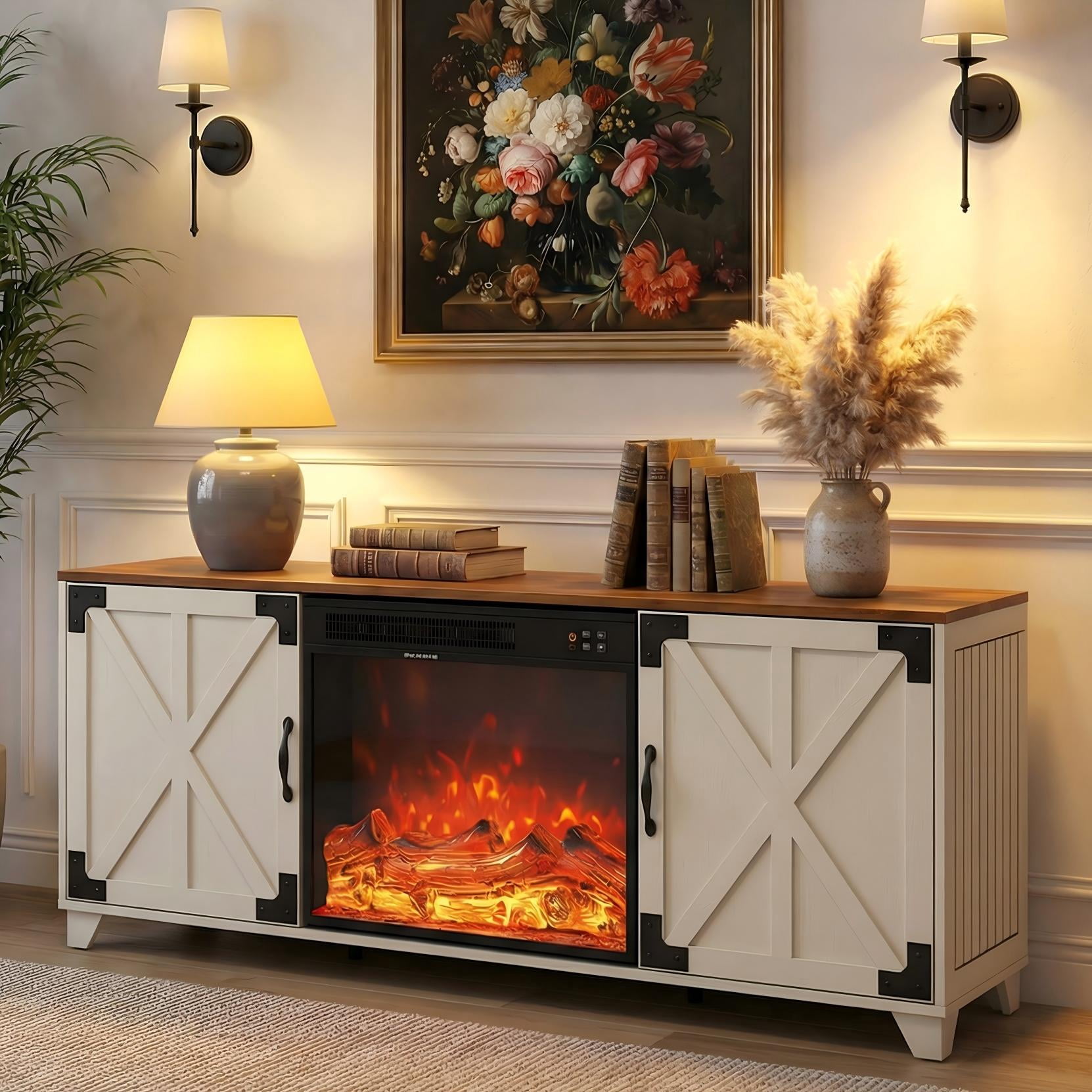 Manxile Fireplace TV Stand for TVs up to 65" with 23" Electric Fireplace, Farmhouse Entertainment Center, Rustic White