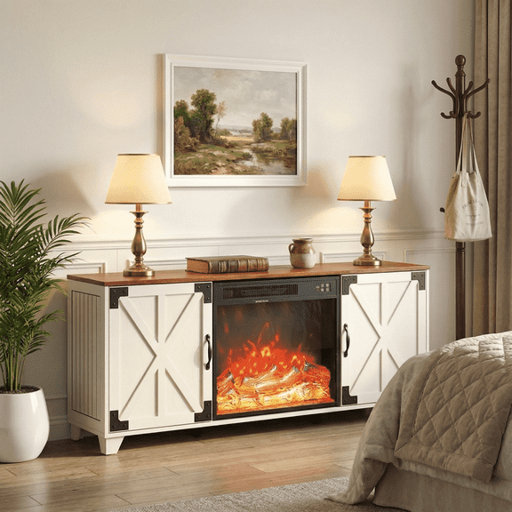 Manxile Fireplace TV Stand for TVs up to 65" with 23" Electric Fireplace, Farmhouse Entertainment Center with Sliding Barn Door, White