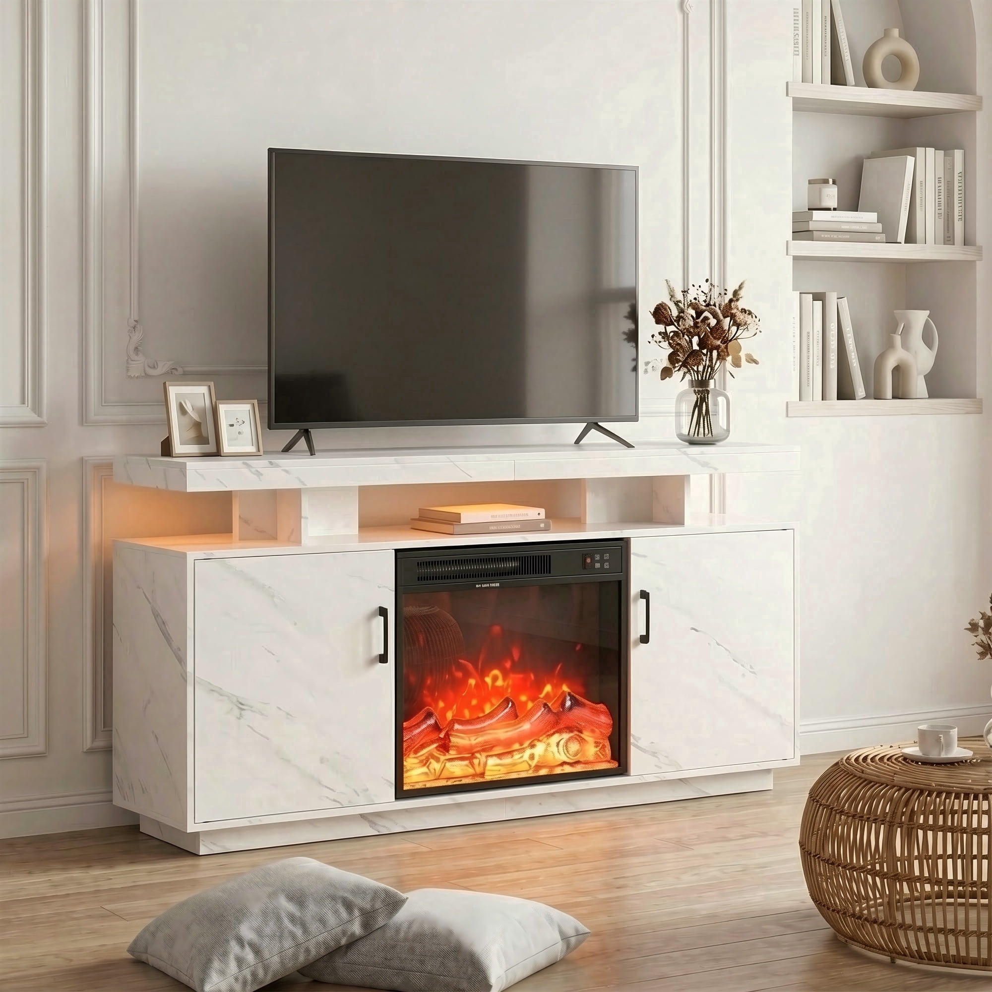Manxile Fireplace TV Stand with 22.5" Electric Fireplace Up to 70" TVs, Modern Wood Media TV Console with Cabinet, White
