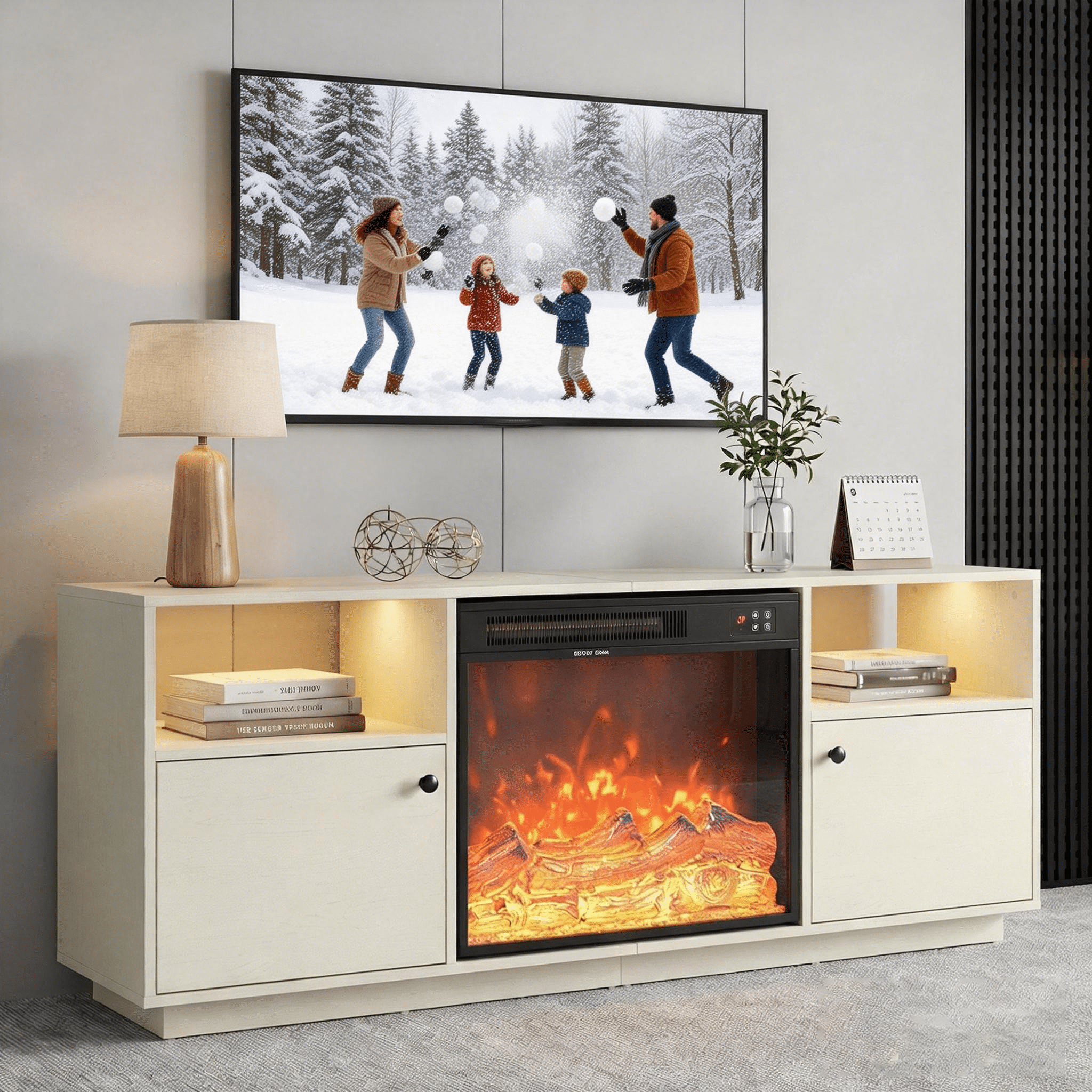 Manxile Fireplace TV Stand with 23'' Fireplace for TVs up to 75'', Two Drawers Storage, LED Light, White