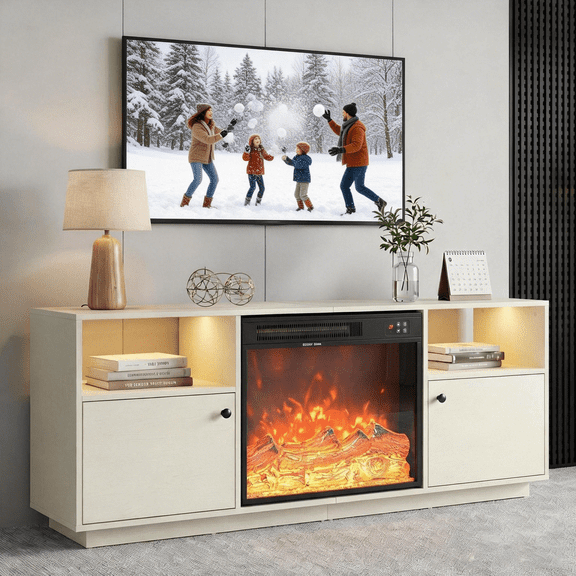Manxile Fireplace TV Stand with 23'' Fireplace for TVs up to 75'', Two Drawers Storage, LED Light, White