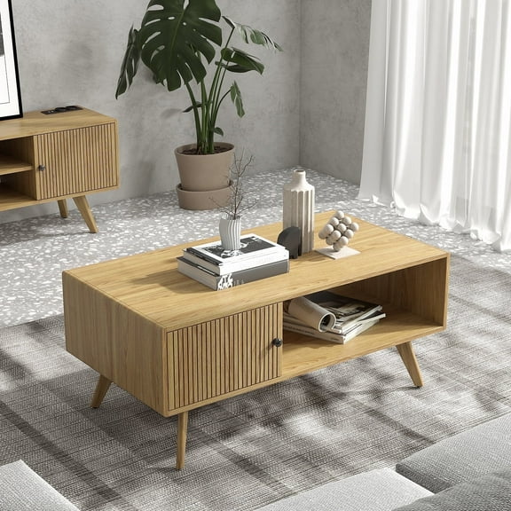 Manxile Fluted Coffee Table with Storage, Modern Coffee Tables with Tambour Door for Living Room, Natural