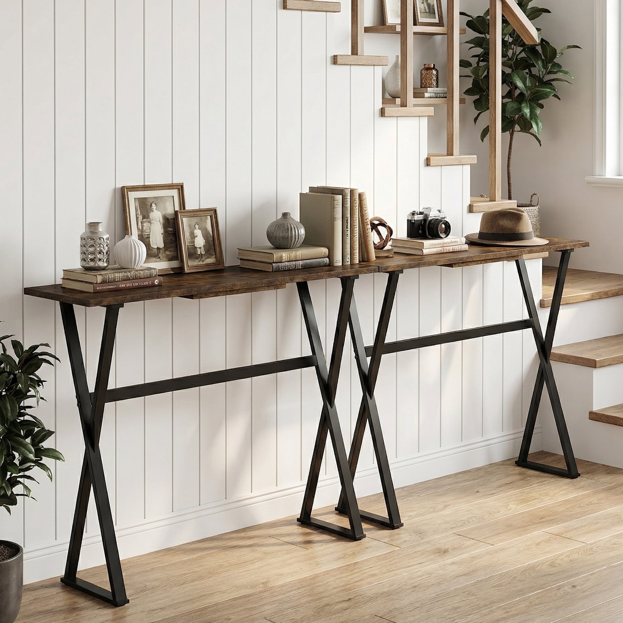 Manxile Industrial Console Table Set of 2, Wood Entryway Table Hallway Table Sofa Table for Living Room,Foyer and Corridor, Rustic Brown
