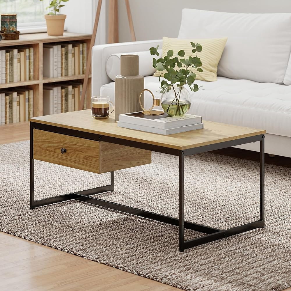 Manxile Industrial Rectangle Wood Coffee Table Metal Cocktail Table with Drawer, Natural