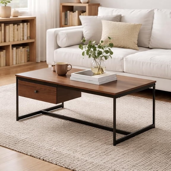 Manxile Industrial Rectangle Wood Coffee Table Metal Cocktail Table with Drawer, Walnut