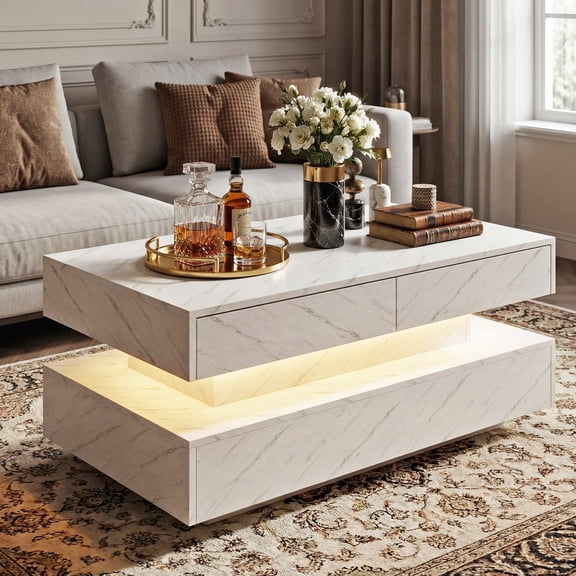 Manxile LED Coffee Table with 2 Storage Drawers, Modern White Coffee Table w/20 Colors LED Lights/APP Control