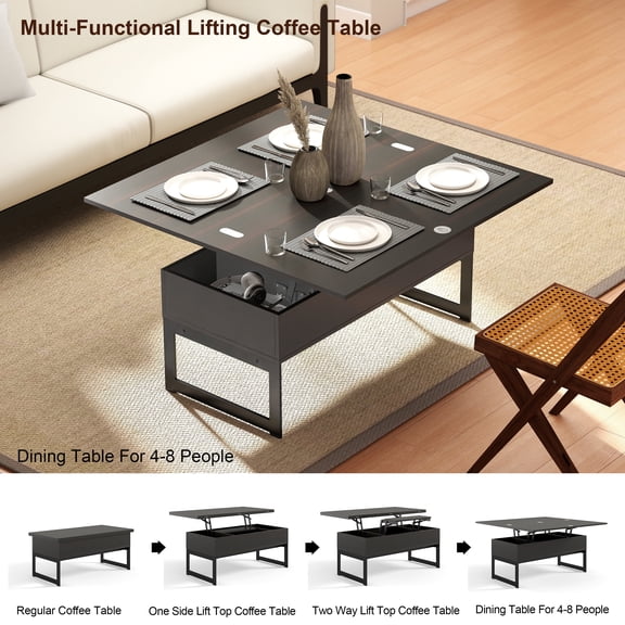 Manxile Lift‑Top Coffee Table Convertible to Dining Table or Workstation for Living Room,Home Office, Compact Design with Hidden Storage,Black Brown