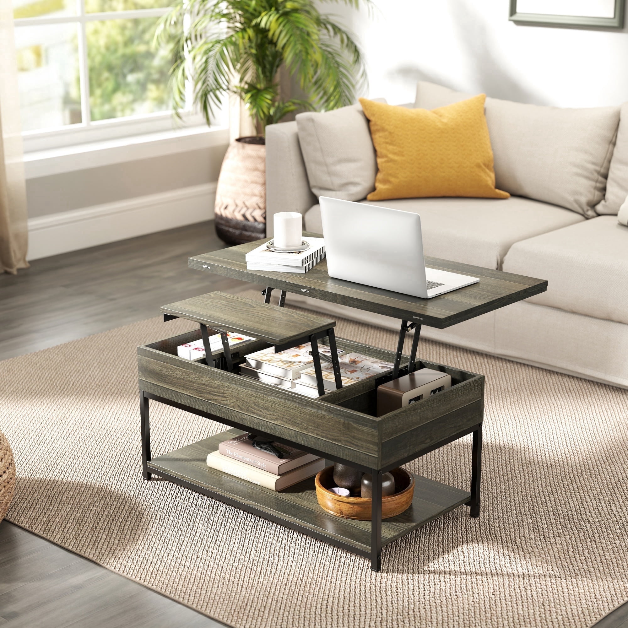 Manxile Lift Top Coffee Table with Storage Shelf, Farmhouse Coffee Table for Living Room, Charcoal Oak Finish