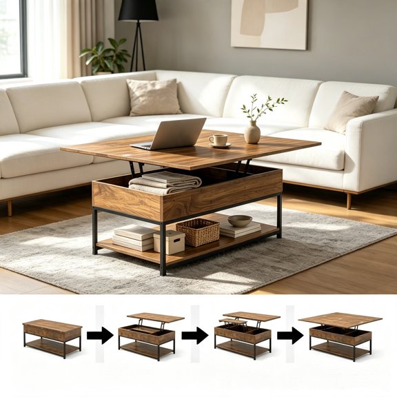 Manxile Lift Top Coffee Table with Storage for Living Room, Farmhouse Coffee Table with Lift Top, Red Oak Finish