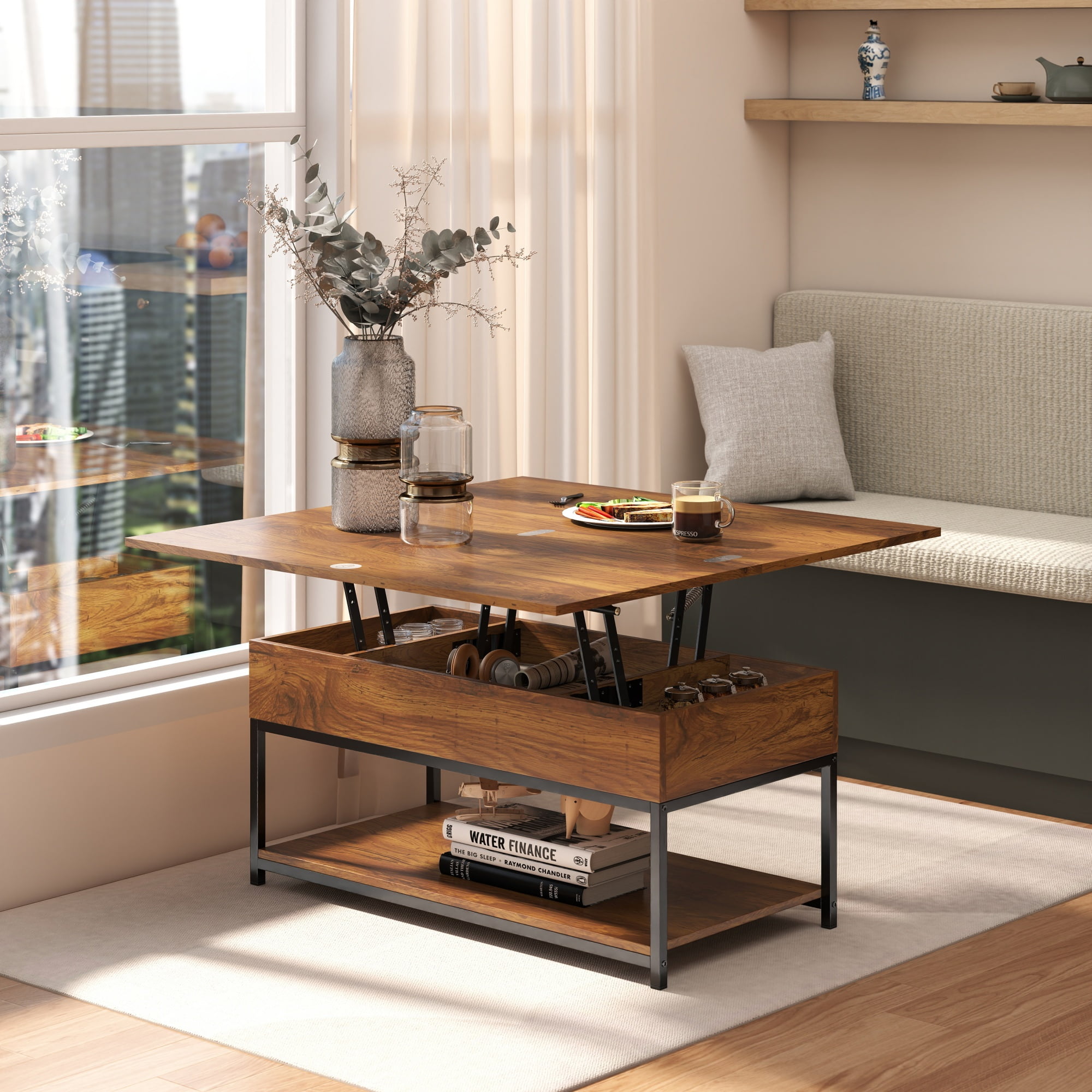 Manxile Lift Top Coffee Table with Storage for Living Room, Farmhouse Coffee Table with Lift Top, Red Oak Finish