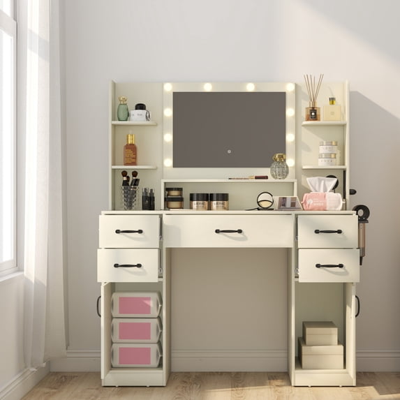 Manxile Makeup Vanity with Lighted Mirror & Charging Stations & 7 Open Storage Shelves, 5 Drawers, 2 Large Cabinets