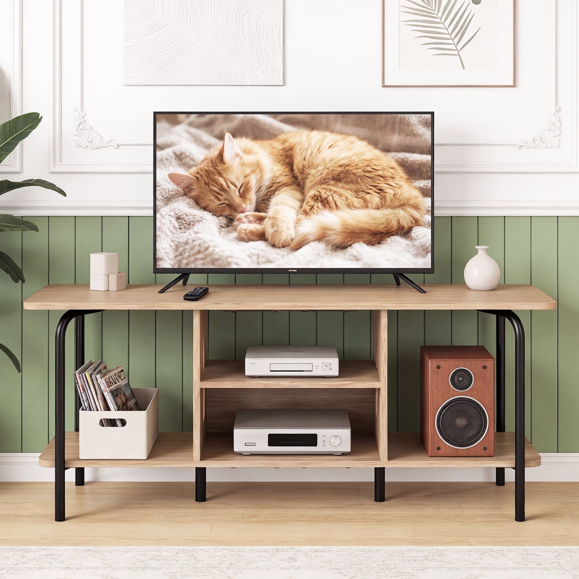 Manxile Mid Century Wooden TV Stand for TVs to 60'' with Open Storage Shelves and Metal Frame, Natural