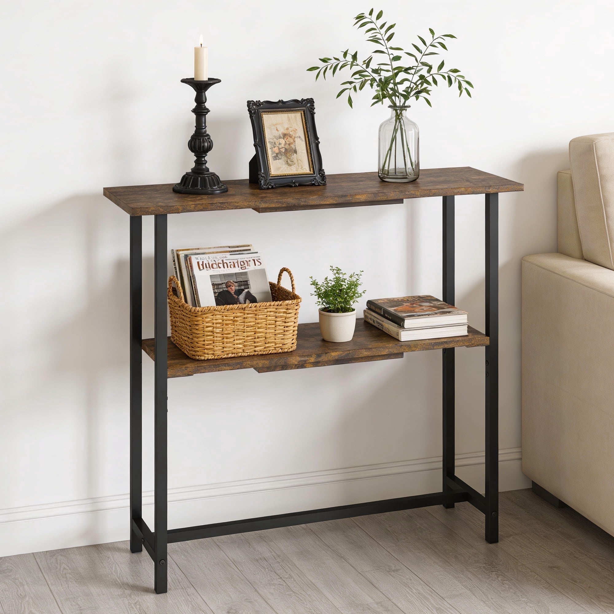 Manxile Industrial Narrow Console Table, 2 Tier Storage Shelves Wooden Sofa Side Table, Rustic Brown